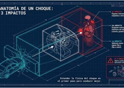 Infograf&iacute;a sobre los tres impactos en un accidente de tr&aacute;fico: choque del veh&iacute;culo, choque del cuerpo y choque de los &oacute;rganos internos (da&ntilde;o visceral).