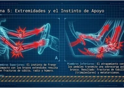 Infograf&iacute;a sobre fracturas en extremidades por accidente de tr&aacute;fico, detallando lesiones en f&eacute;mur, rodilla y tobillo por impacto contra el salpicadero.