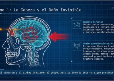 Infograf&iacute;a m&eacute;dica sobre lesiones cerebrales en accidentes de tr&aacute;fico, mostrando el impacto del cerebro contra el cr&aacute;neo (da&ntilde;o invisible) y traumatismos.