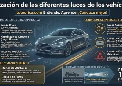 Infograf&iacute;a detallada sobre la utilizaci&oacute;n de las luces del veh&iacute;culo: gu&iacute;a de alumbrado principal, condiciones especiales, sanciones de 200 euros y comparativa de visibilidad diurna.