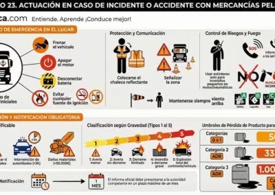 Infograf&iacute;a t&eacute;cnica sobre el protocolo de actuaci&oacute;n en accidente con mercanc&iacute;as peligrosas seg&uacute;n el manual ADR. Muestra pasos clave como asegurar el veh&iacute;culo, evitar fuentes de ignici&oacute;n, avisar a emergencias y el uso de equipo de protecci&oacute;n personal.