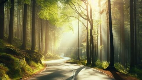 Carretera por bosque iluminado