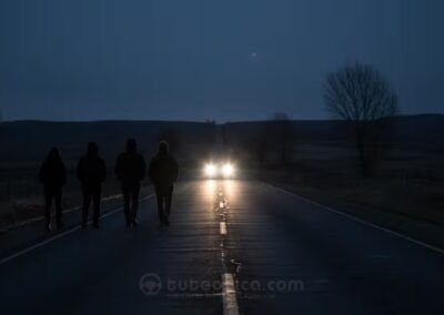 peatones circulando de noche por carretera