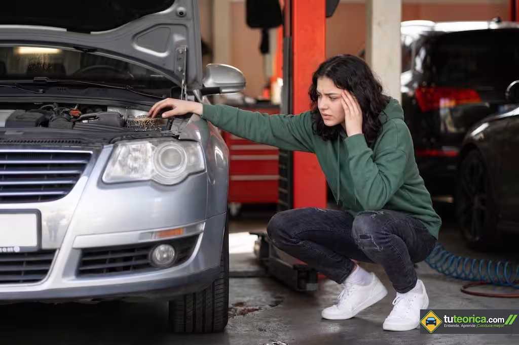 Un primer plano de una joven en cuclillas en un taller mecánico con la mano sobre el capó abierto del coche. Imprevistos con tu vehículo