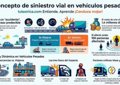 Infograf&iacute;a sobre el concepto de siniestro vial en veh&iacute;culos pesados, detallando costes sociales, diferencias entre accidentes in itinere y en misi&oacute;n, y las fases del impacto.