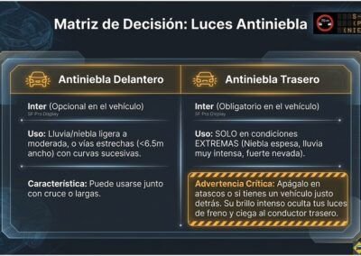 Matriz de decisi&oacute;n para el uso de luces antiniebla: condiciones para la luz delantera (lluvia intensa, niebla, nieve) y criterios restrictivos para la luz trasera obligatoria (niebla espesa o lluvia muy intensa).