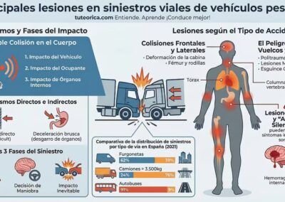 Infograf&iacute;a detallada del Diccionario CAP sobre 'Lesiones en Accidentes de Veh&iacute;culos Pesados'. Muestra un diagrama del cuerpo humano anotado con traumatismos frecuentes (latigazo cervical, traumatismo tor&aacute;cico, cerebral, de &oacute;rganos y &oacute;seos), esquemas biomec&aacute;nicos de los mecanismos de impacto y un diagrama de flujo sobre la evoluci&oacute;n y secuelas a largo plazo, incluyendo estr&eacute;s postraum&aacute;tico.