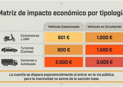Infograf&iacute;a de la matriz de impacto econ&oacute;mico que detalla la multa por no tener seguro de coche 2026, comparando los importes para turismos, VMP y camiones, tanto estacionados como en circulaci&oacute;n.