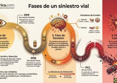Infograf&iacute;a detallada sobre las etapas de un siniestro vial seg&uacute;n la teor&iacute;a de la evoluci&oacute;n del accidente, mostrando las fases de percepci&oacute;n, decisi&oacute;n y conflicto.