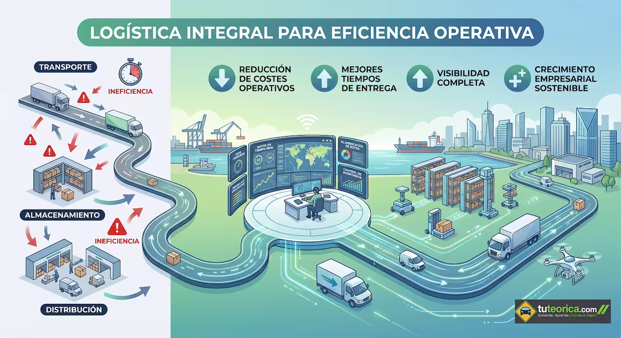 Infografía detallada sobre cómo alcanzar la eficiencia operativa gestión logística mediante un modelo integral que optimiza el transporte, el almacenamiento y la distribución.